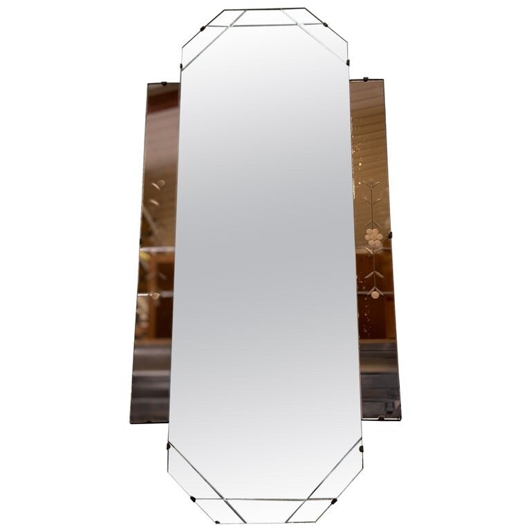 LARGE DECORATIVE 1920s ART DECO PEACH GLASS FLOWER PETAL MIRROR