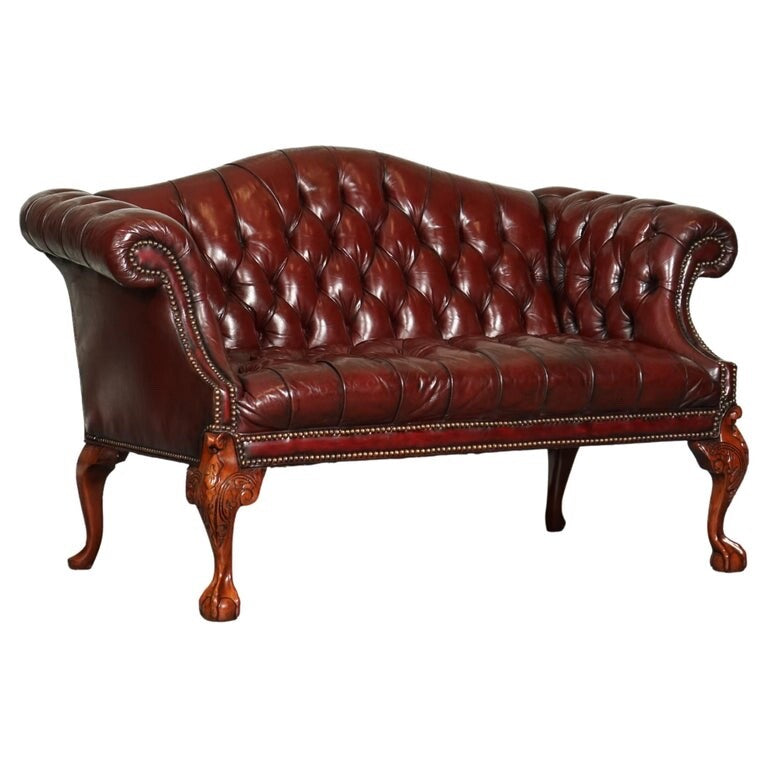 RESTORED HAND DYED BURGUNDY HUMP CAMEL BACK REGENCY CHESTERFIELD BUTTONED SOFA