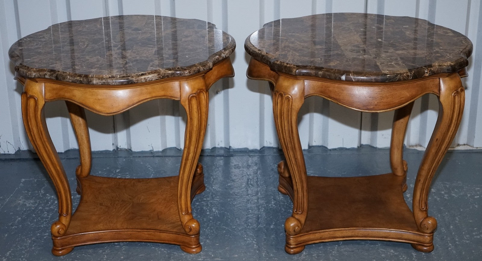 VINTAGE PAIR OF FRENCH STYLE SIDE LAMP TABLES WITH FAUX MARBLE TOPS