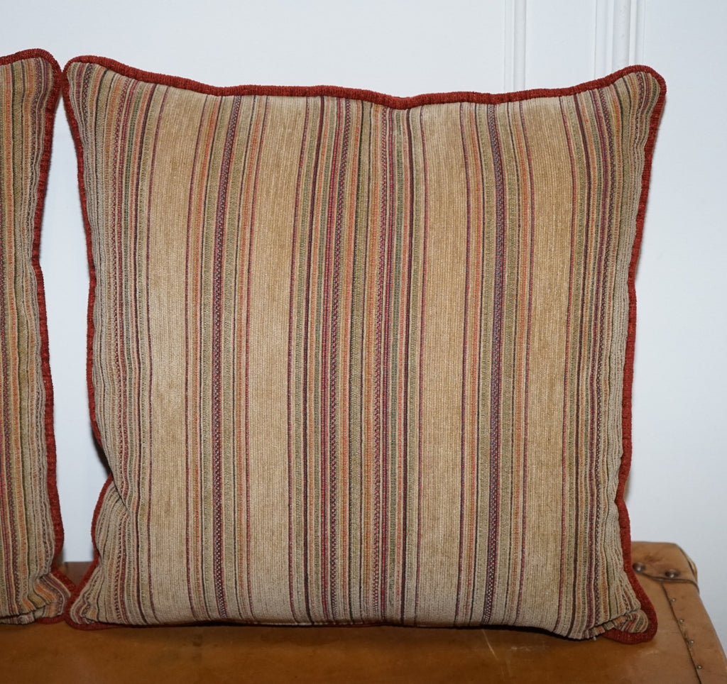 VINTAGE PAIR OF BEIGE STRIPPED & BURNT ORANGE FEATHER FILLED SCATTER CUSHIONS