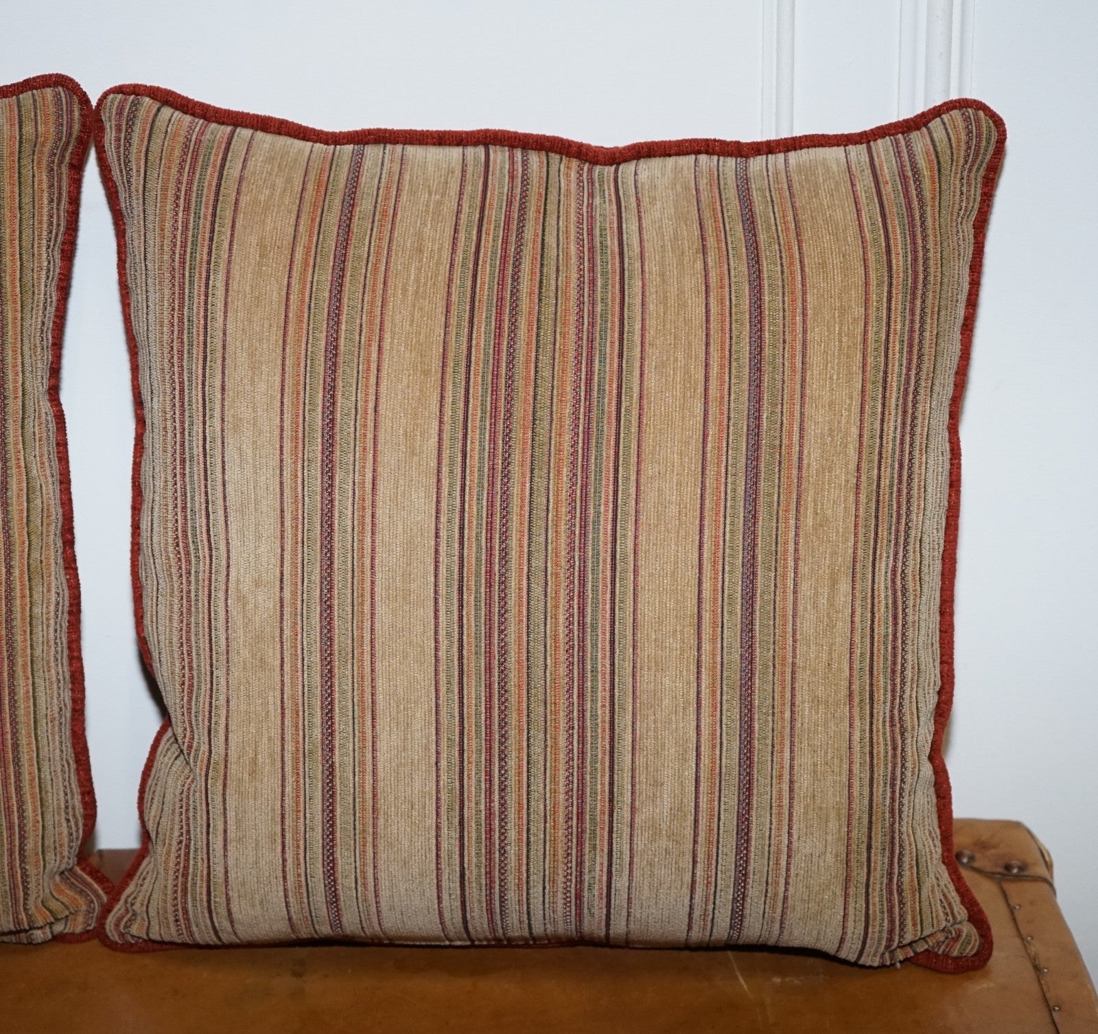 VINTAGE PAIR OF BEIGE STRIPPED & BURNT ORANGE FEATHER FILLED SCATTER CUSHIONS
