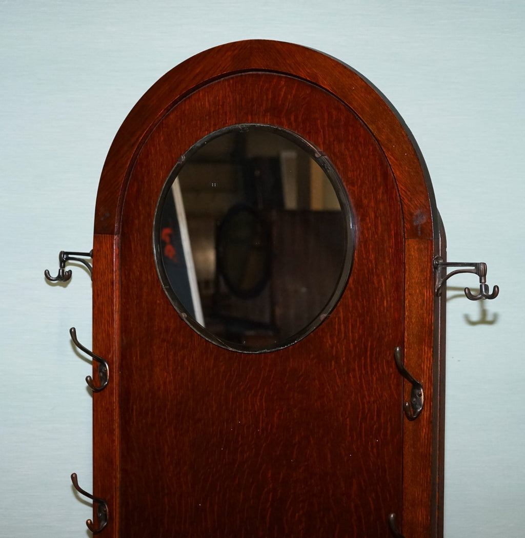 ANTIQUE ATCRAFT OAK HAT AND UMBRELLA HALLWAY STAND WITH A MIRROR