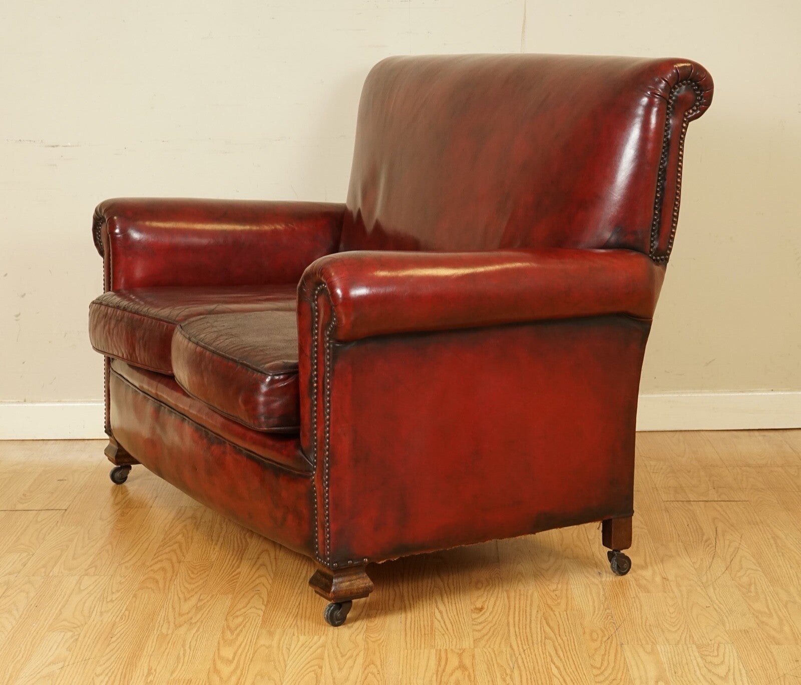STUNNING VICTORIAN BURGUNDY GENTLEMAN'S CLUB HAND DYED LEATHER SOFA