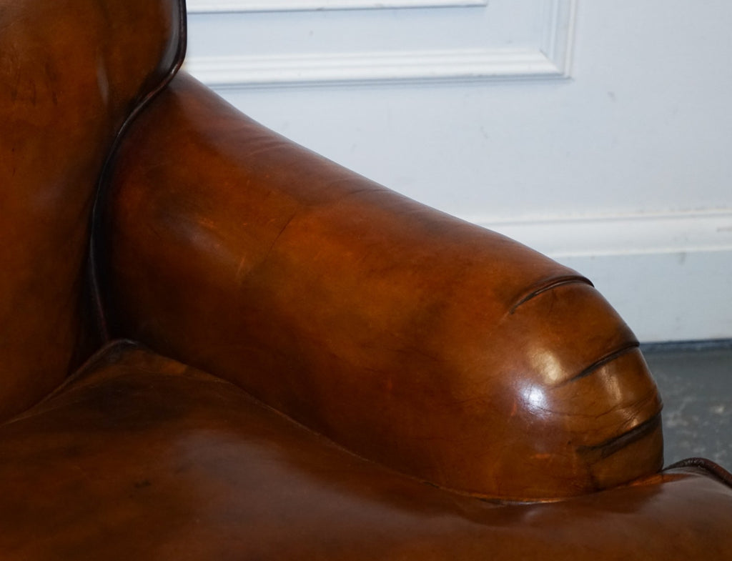 LARGE PAIR HOWARD STYLE HAND DYED LEATHER ARMCHAIRS FEATHER FILLED CUSHIONS