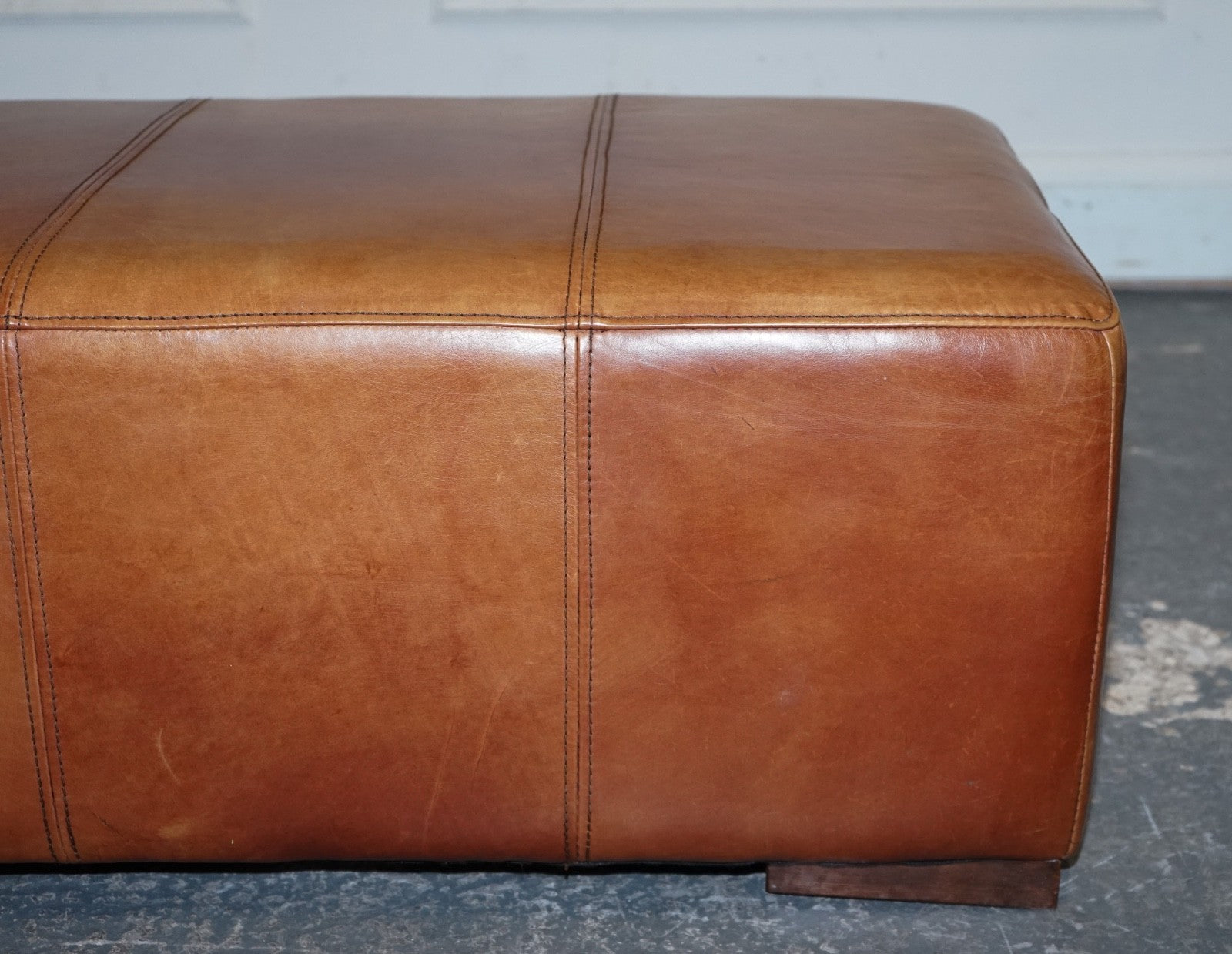 VINTAGE LARGE TAN LEATHER FOOTSTOOL OTTOMAN MADE BY HALO
