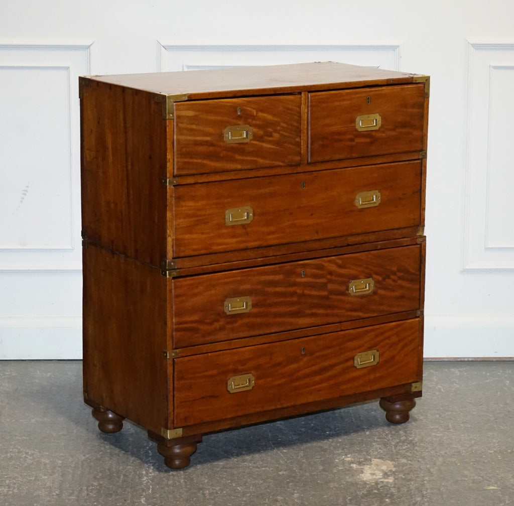 ANTIQUE 19TH CENTURY SATINWOOD MILITARY CAMPAIGN CHEST OF DRAWERS LOTS OF PATINA