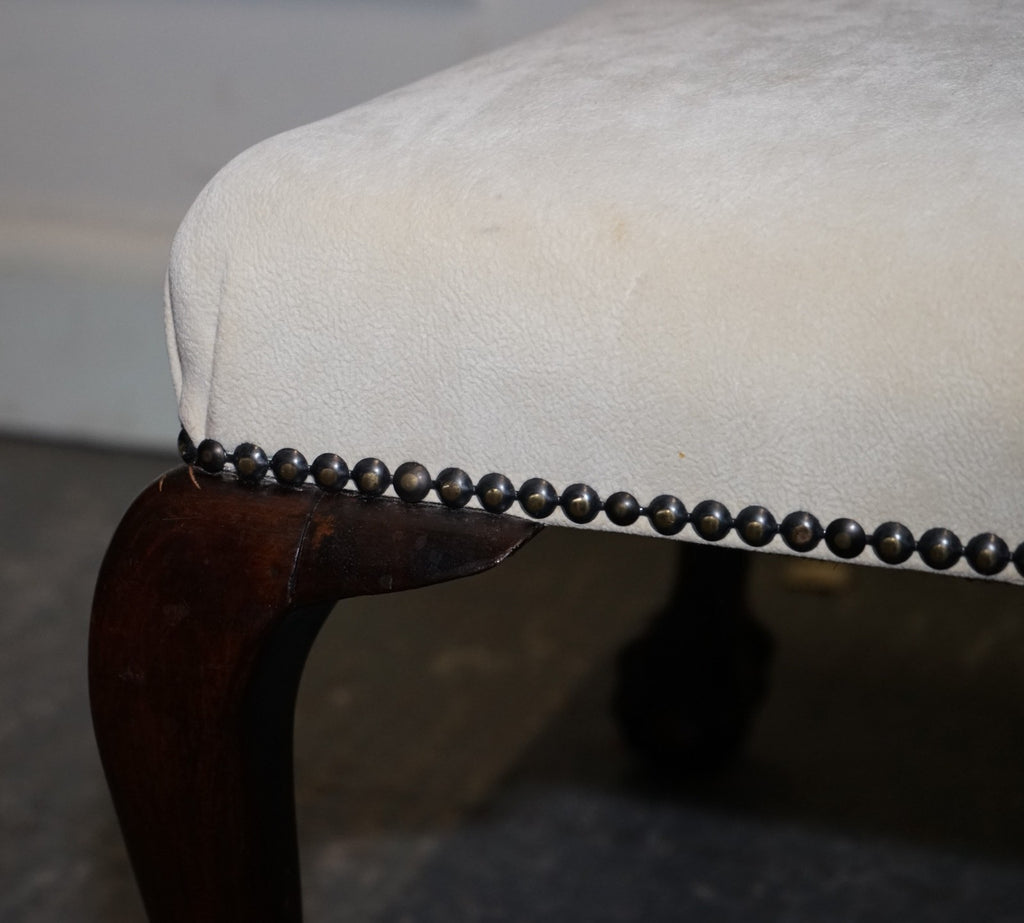 ANTIQUE EARLY VICTORIAN CLAW AND BALL FEET FOOTSTOOL WITH WHITE SUEDE TOP