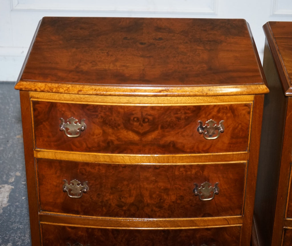 PAIR OF RESTORED BURR WALNUT BEDSIDE NIGHTSTAND CHEST OF DRAWERS