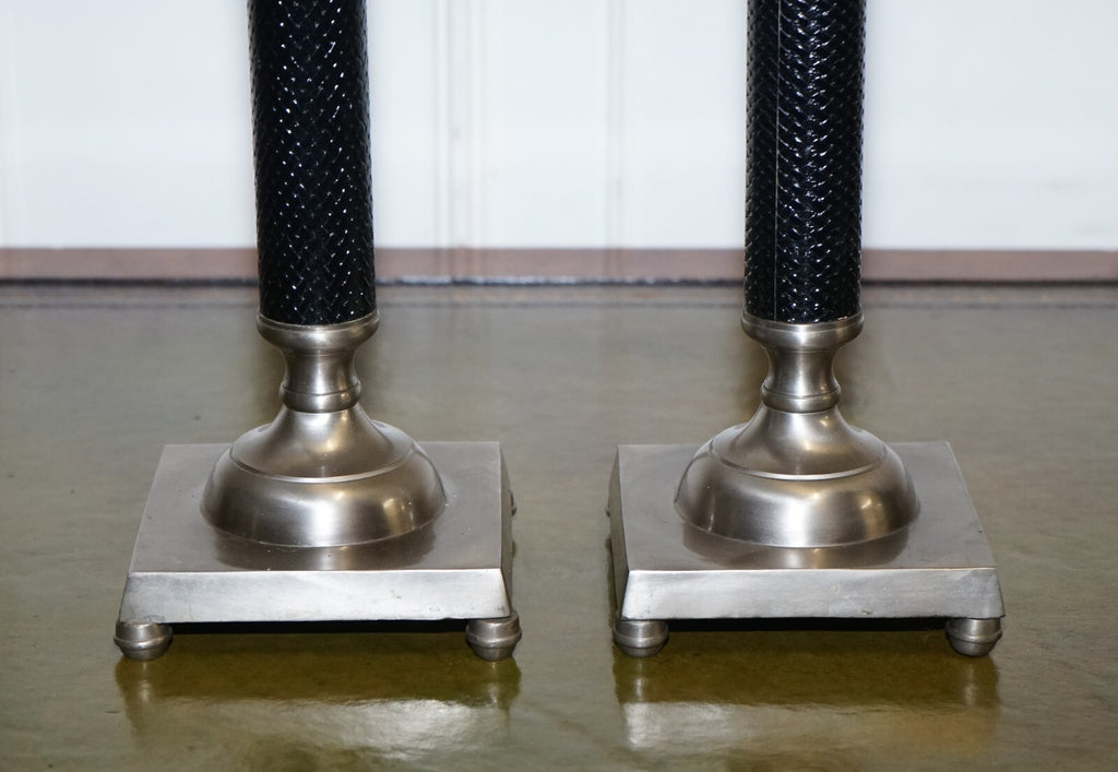 PAIR OF SILVER STAINLESS STEEL & BLACK RALPH LAUREN STYLE CANDLEHOLDERS