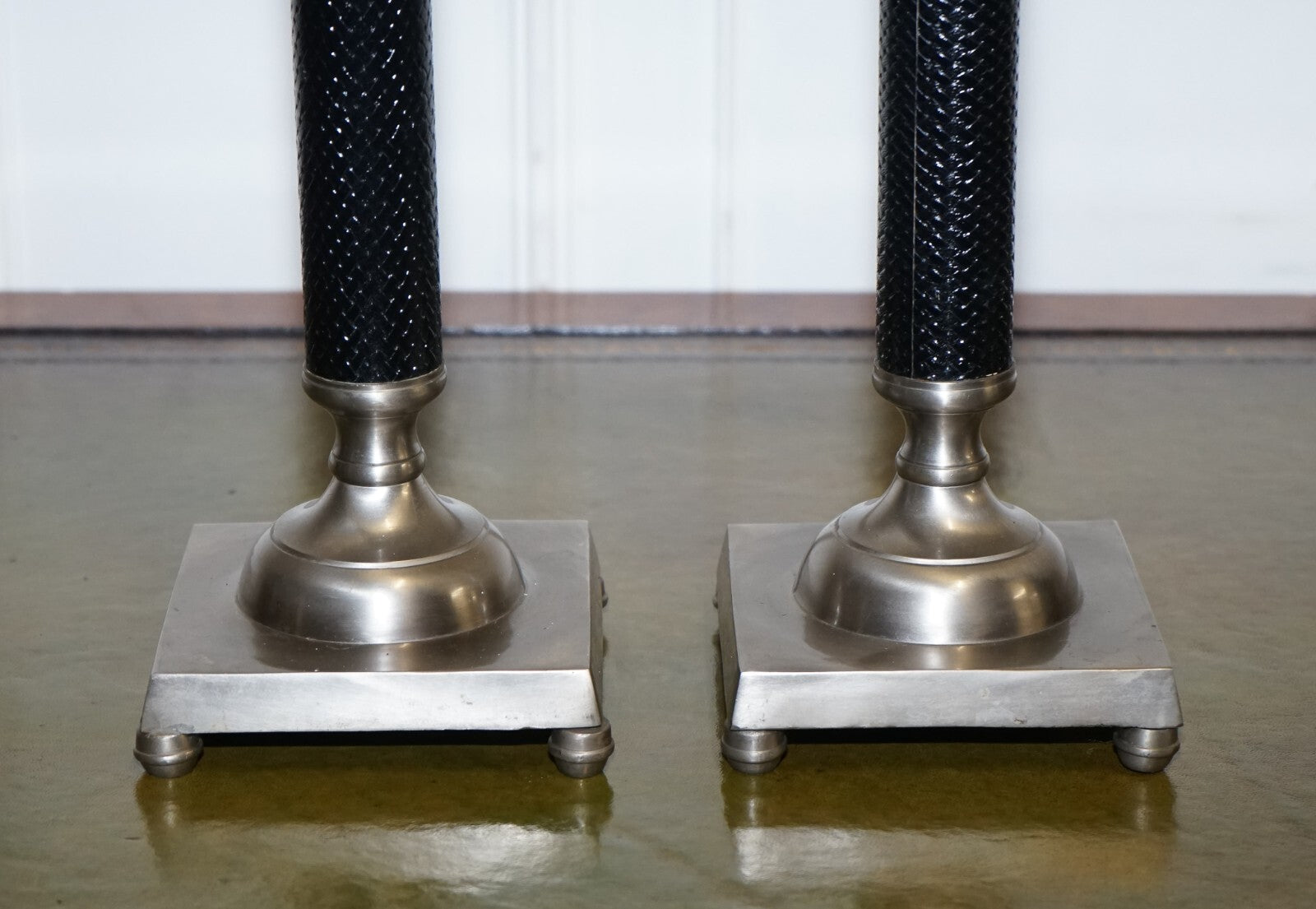 PAIR OF SILVER STAINLESS STEEL & BLACK RALPH LAUREN STYLE CANDLEHOLDERS