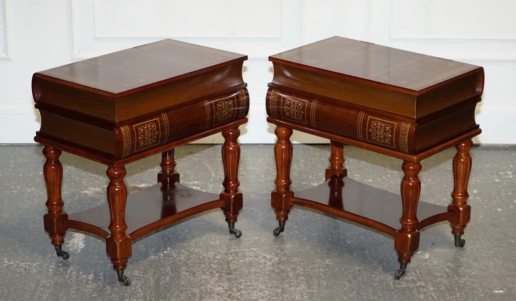 MATCHING PAIR OF WOODEN FAUX BOOKS STACK SIDE END WINE TABLES WITH STORAGE