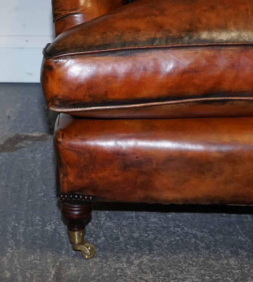 LARGE PAIR OF HOWARD STYLE HAND DYED LEATHER ARMCHAIRS FEATHER FILLED CUSHIONS