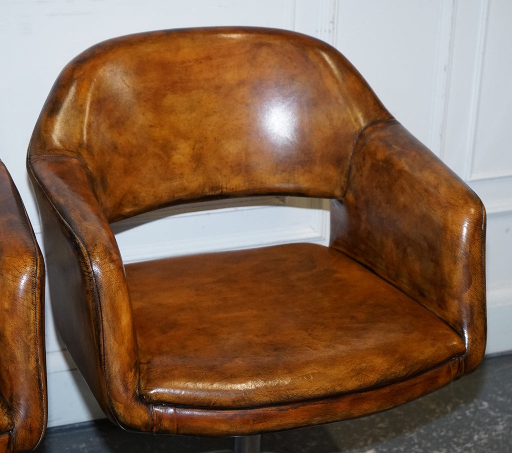 SET OF FOUR RESTORED HAND DYED LEATHER LARGO JOHANSON DESIGN SWIVEL ARMCHAIRS