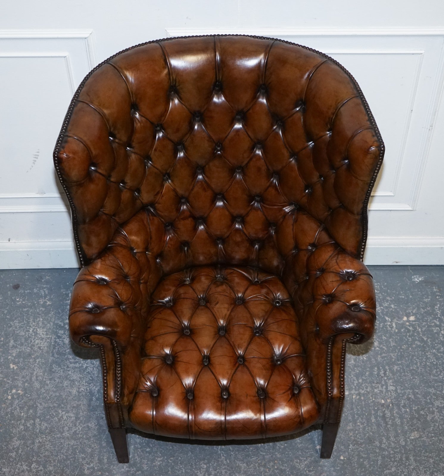 RESTORED CHESTERFIELD HAND DYED LEATHER PORTERS WINGBACK ARMCHAIR