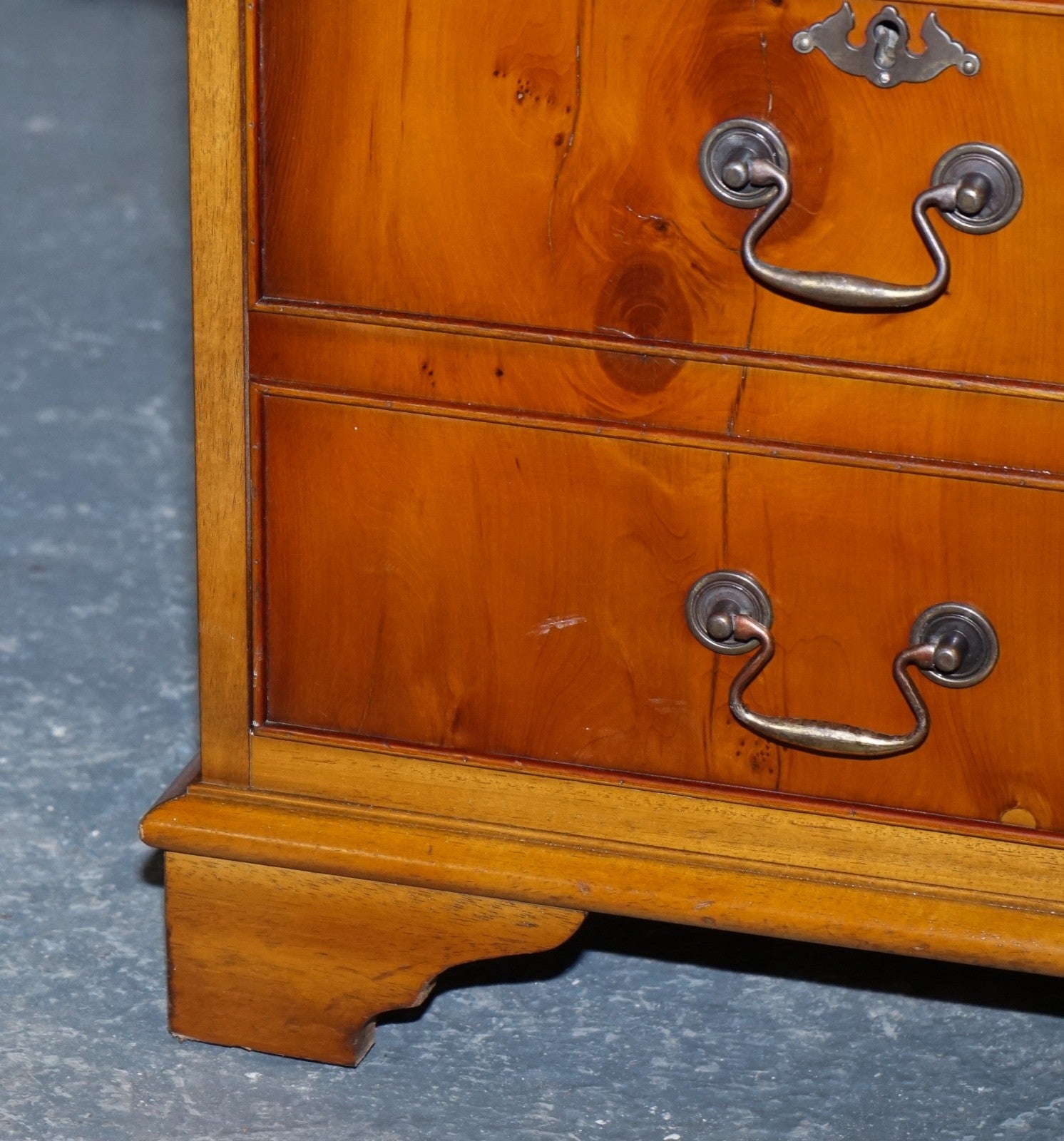 VINTAGE YEW WOOD FILLING CABINET WITH GREEN LEATHER TOP AND TWO DRAWERS