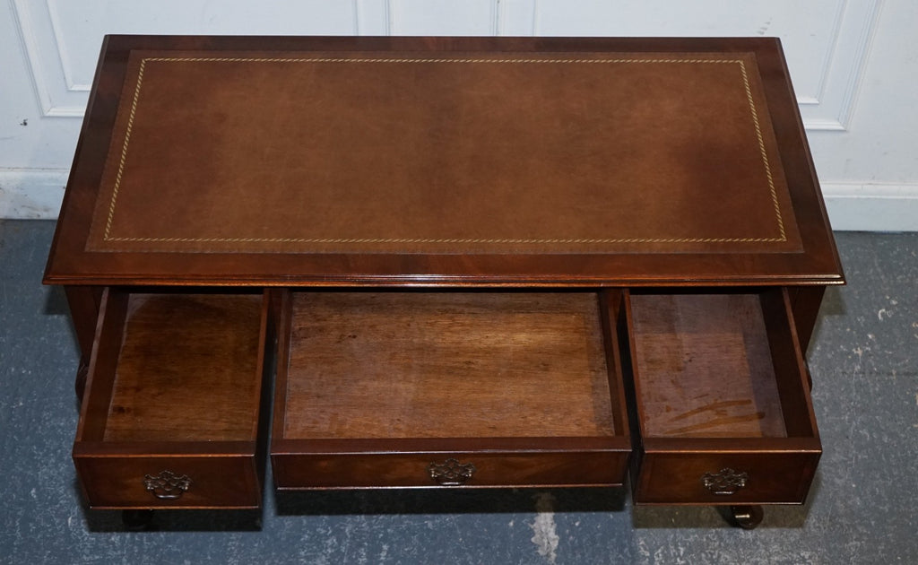 ENGLISH ANTIQUE STYLE WRITING DESK WITH BROWN LEATHER GOLD EMBOSSED TOP