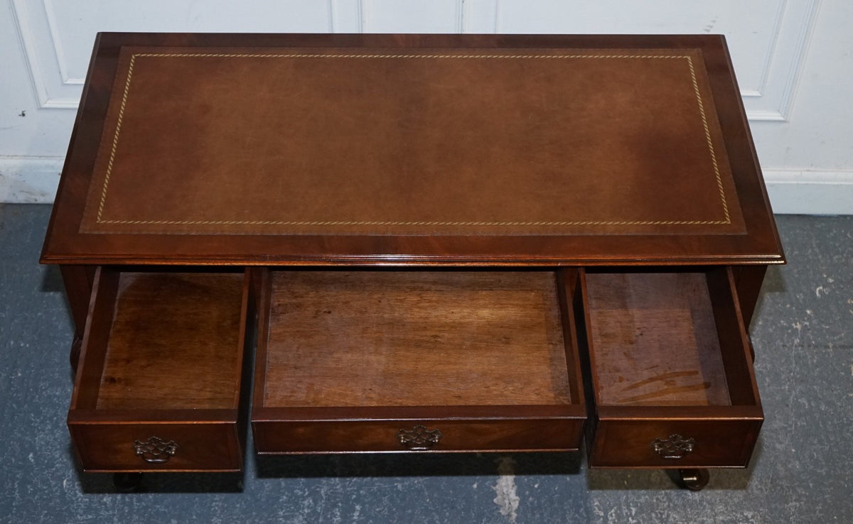 ENGLISH ANTIQUE STYLE WRITING DESK WITH BROWN LEATHER GOLD EMBOSSED TOP