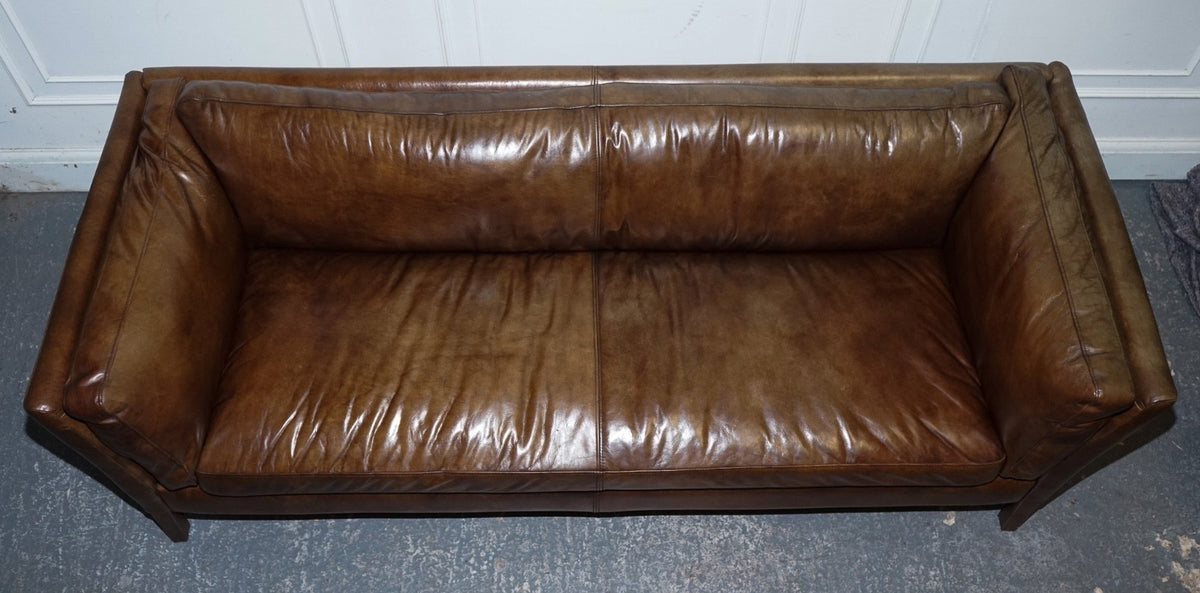 HALO GROUCHO BEAUTIFUL BROWN LEATHER THREE SEATER COMPACT SOFA
