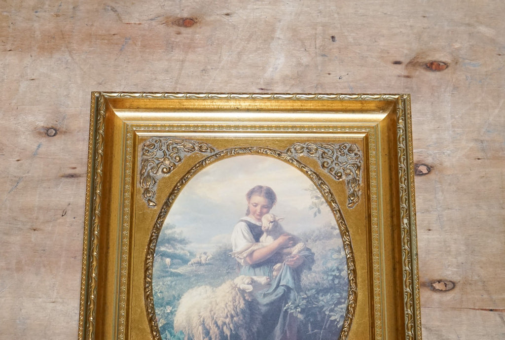VINTAGE VICTORIAN STYLE PRINT YOUNG SHEPHERDESS GITLED FRAME 53 X 42 CM