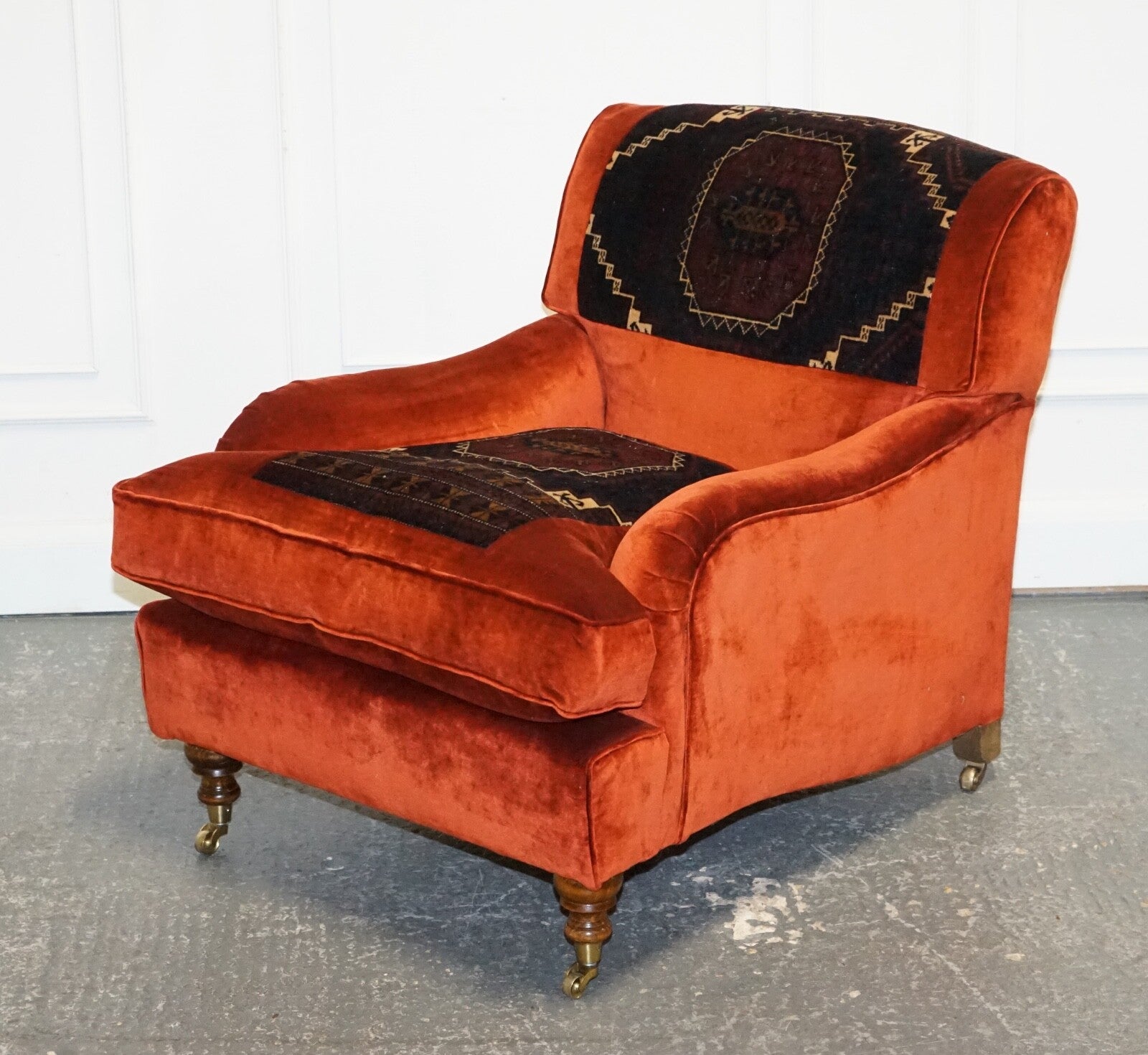 VINTAGE RED VELVET & AZTEC KILIM UPHOLSTERED HOWARD GEORGE SMITH STYLE ARMCHAIR