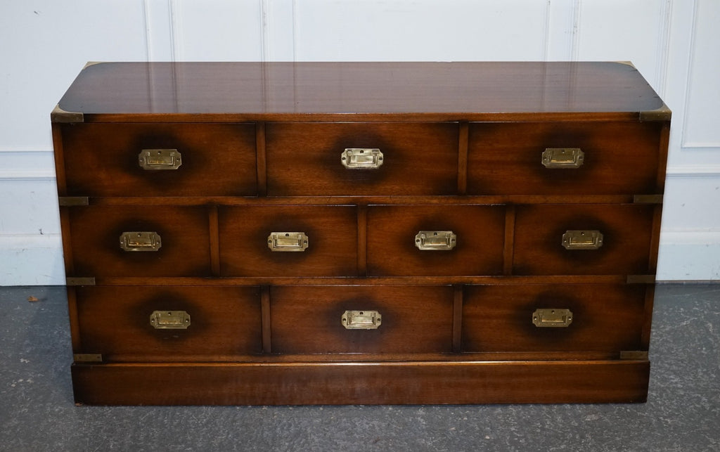 VINTAGE JANSEN OF LONDON MILITARY CAMPAIGN BRASS SIDEBOARD CHEST OF DRAWERS