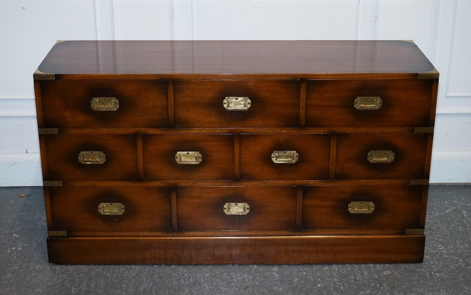 VINTAGE JANSEN OF LONDON MILITARY CAMPAIGN BRASS SIDEBOARD CHEST OF DRAWERS