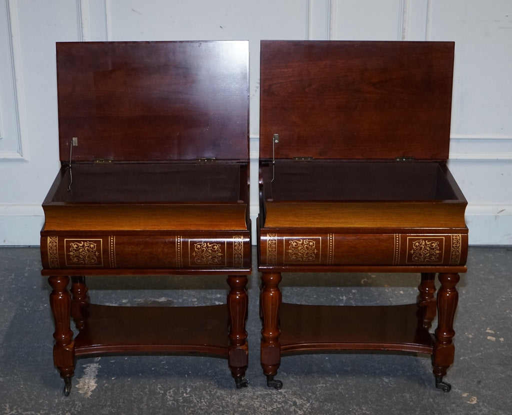 MATCHING PAIR OF WOODEN FAUX BOOKS STACK SIDE END WINE TABLES WITH STORAGE