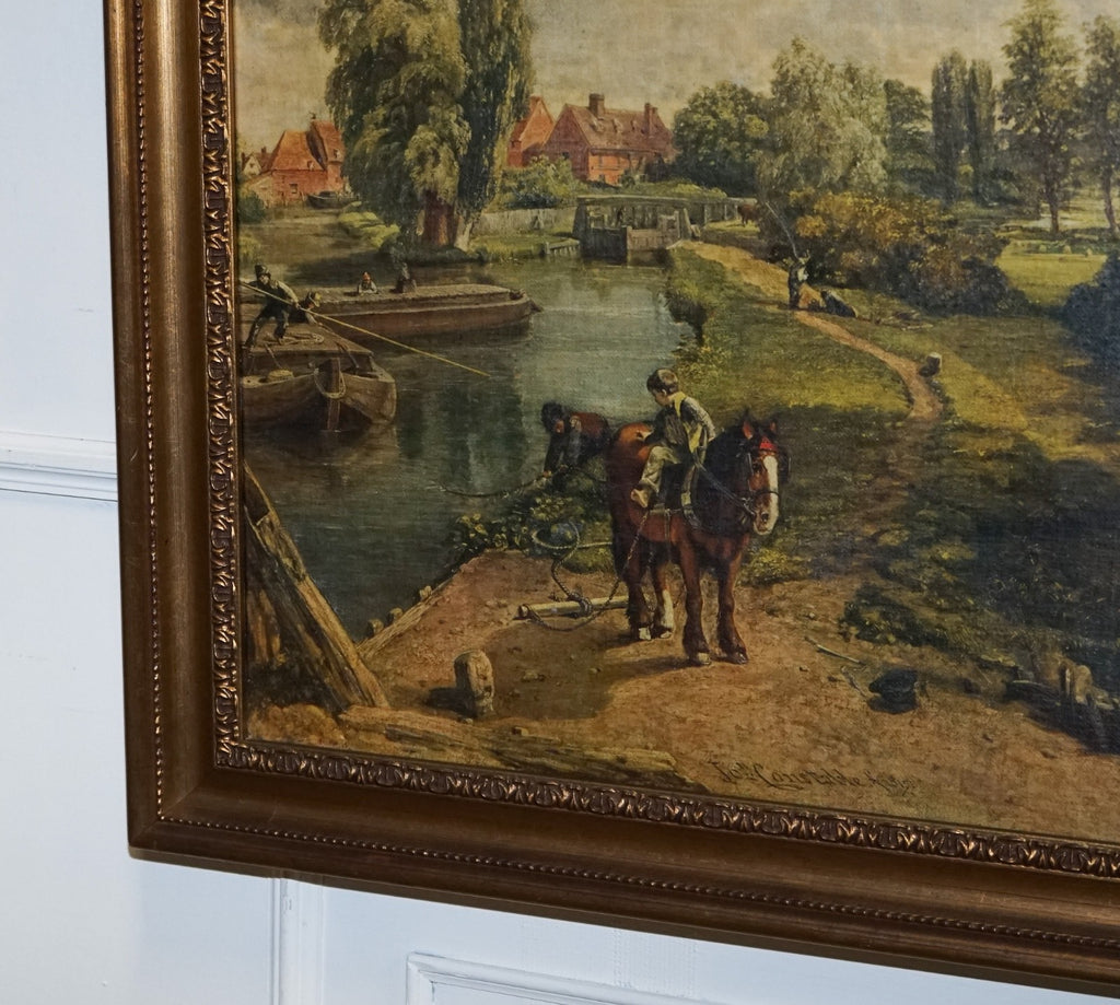 VINTAGE FRAMED COUNTRYSIDE LANDSCAPE PRINT RIVER SCENE WiTH HORSES AND TREES