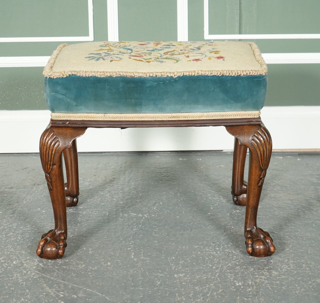 FINE LATE VICTORIAN FLOWER UPHOLSTERY CLAW AND BALL FOOT STOOL