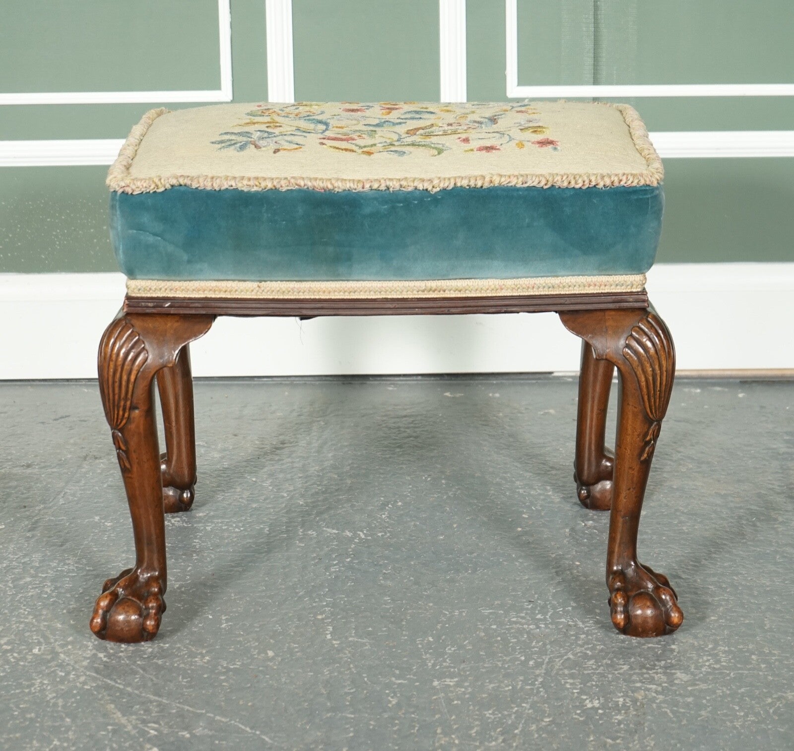 FINE LATE VICTORIAN FLOWER UPHOLSTERY CLAW AND BALL FOOT STOOL