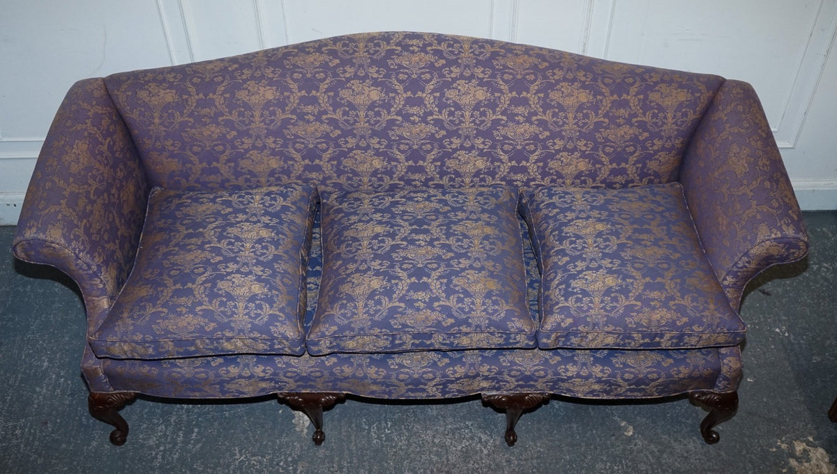 ANTIQUE ENGLISH COUNTRY HOUSE CHIPPENDALE CAMEL BACK FABRIC THREE SEATER SOFA