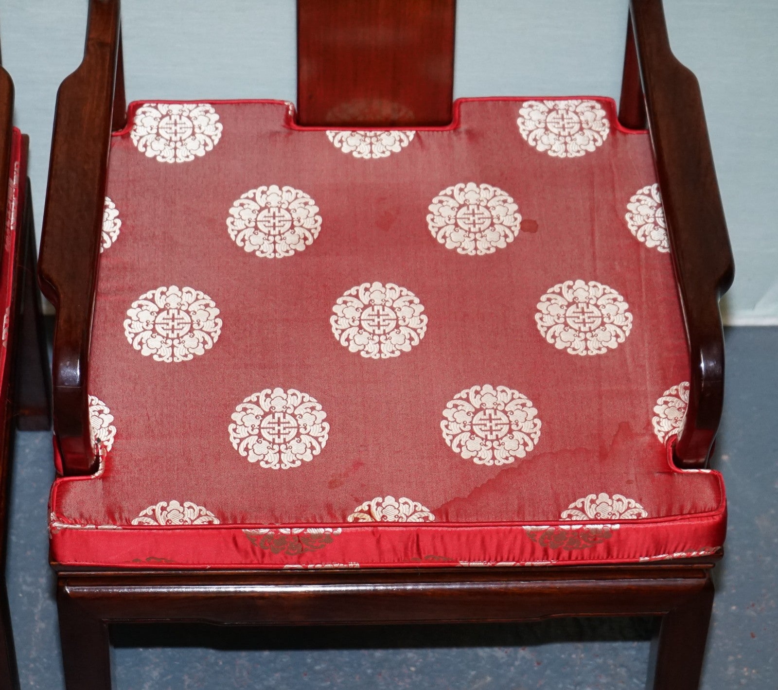 SET OF TEN VINTAGE ORIENTAL CHINESE HARDWOOD CARVER DINING ARMCHAIRS W/ CUSHIONS