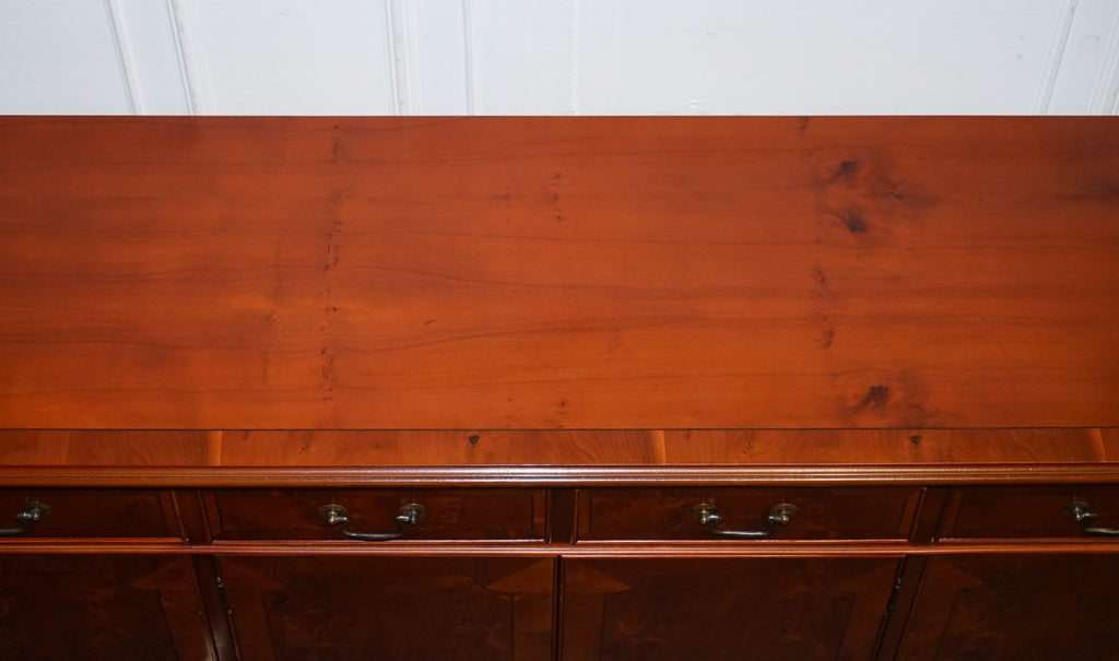 VINTAGE BURR YEW WOOD SIDEBOARD WITH FOUR CUPBOARDS & DRAWERS