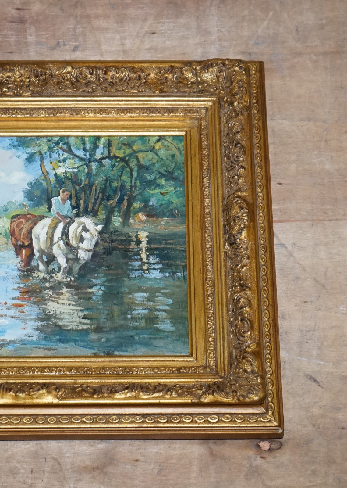 ANTIQUE OIL PAINTING HORSE RIDER CROSSING A STREAM GILTED FRAME 49 X 60 CM