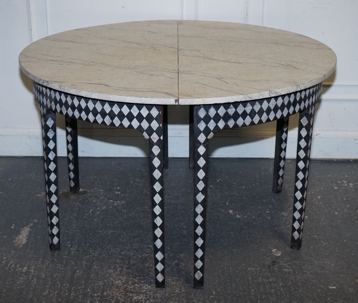 ENGLISH GEORGIAN HAND PAINTED PAIR OF DEMI LUNE SIDE CONSOLE TABLE MARBLE EFFECT
