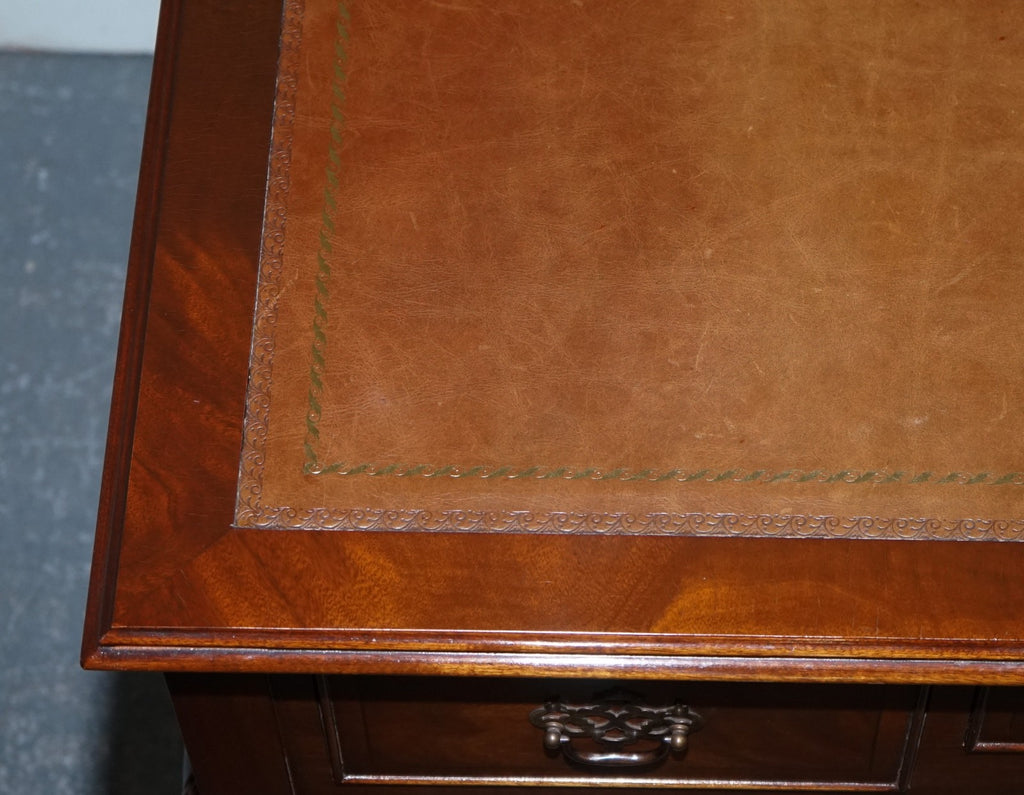 ENGLISH ANTIQUE STYLE WRITING DESK WITH BROWN LEATHER GOLD EMBOSSED TOP