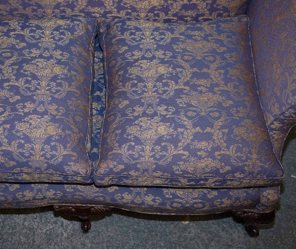 ANTIQUE ENGLISH COUNTRY HOUSE CHIPPENDALE CAMEL BACK FABRIC THREE SEATER SOFA
