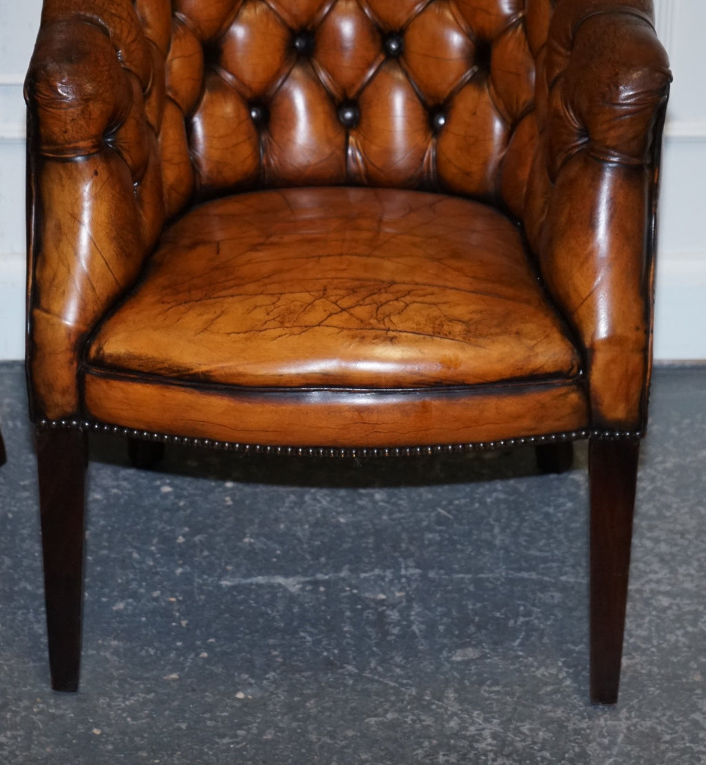 SET OF FOUR ENGLISH CHESTERFIELD HAND DYED LEATHER OFFICE LIBRARY TUB CHAIRS