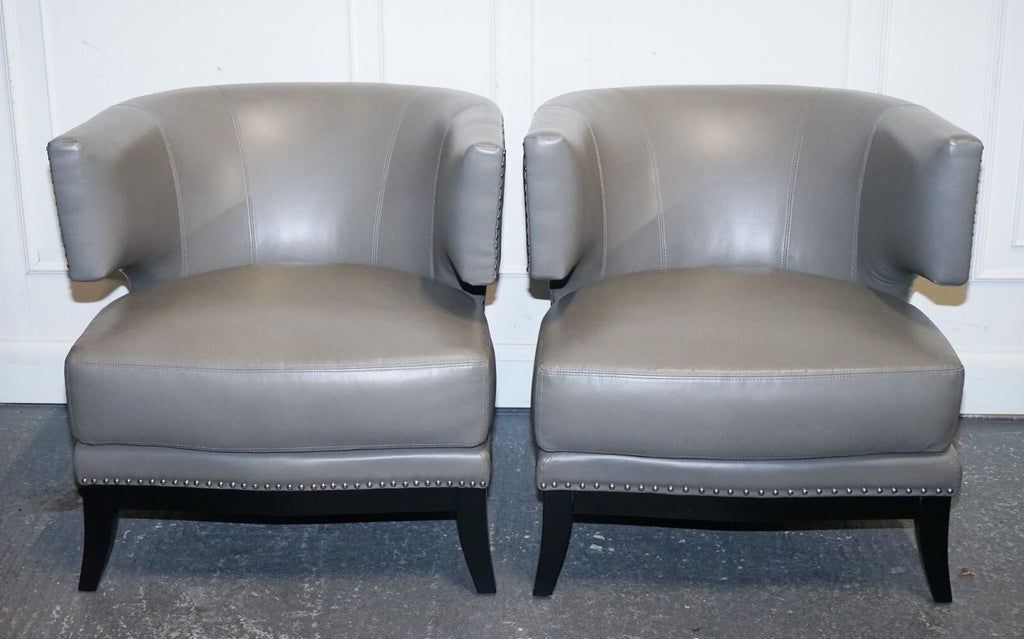 CONTEMPORARY COACH HOUSE GREY LEATHER ROUND BACK ARMCHAIRS WiTH STUDS