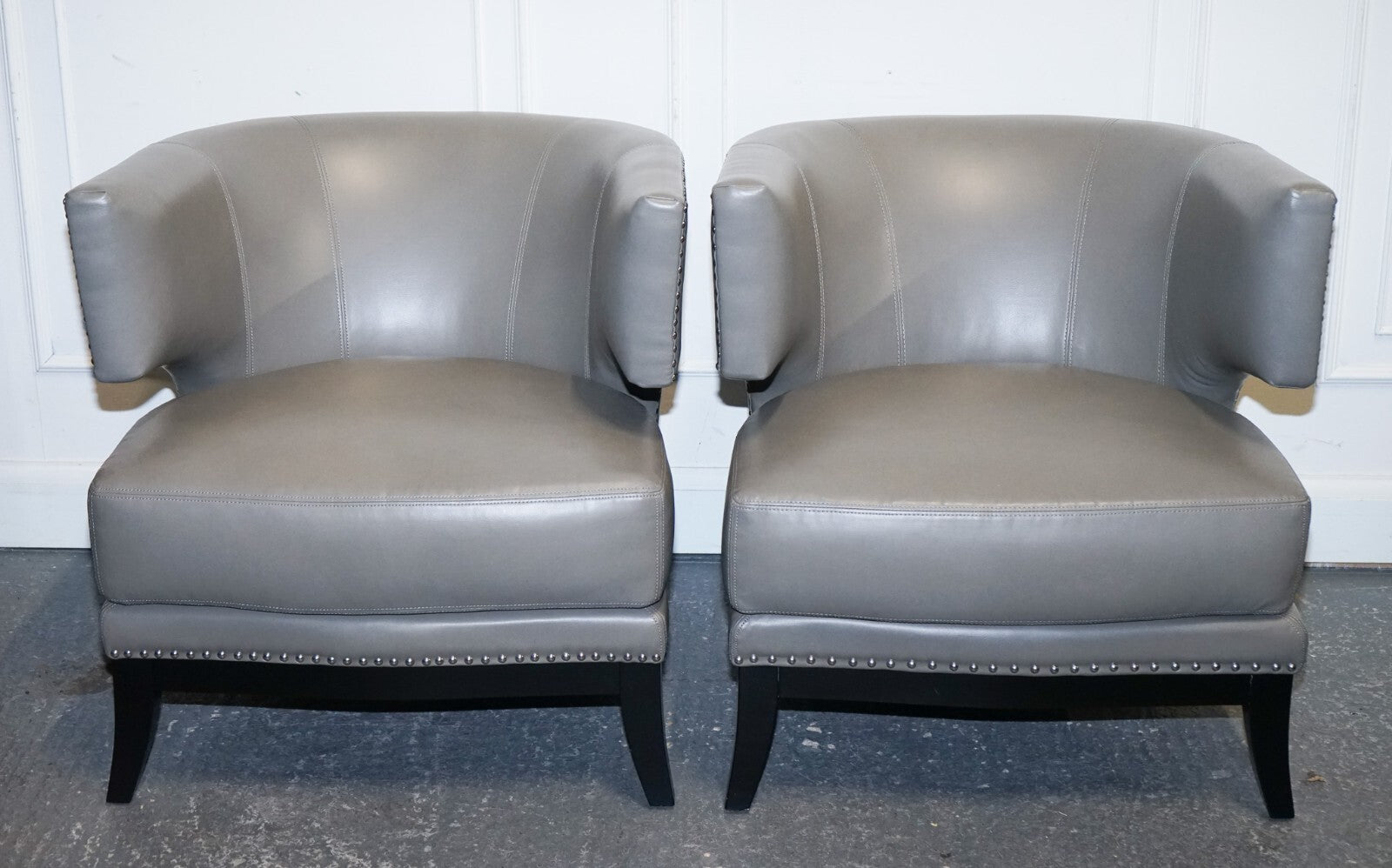 CONTEMPORARY COACH HOUSE GREY LEATHER ROUND BACK ARMCHAIRS WiTH STUDS