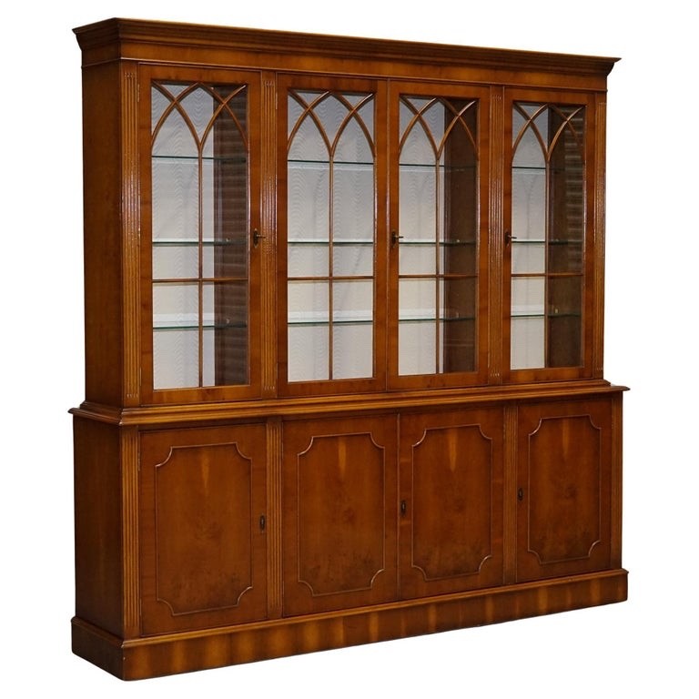 ANTIQUE GEORGIAN STYLE YEW WOOD FOUR DOOR DISPLAY CABINET BOOKCASE