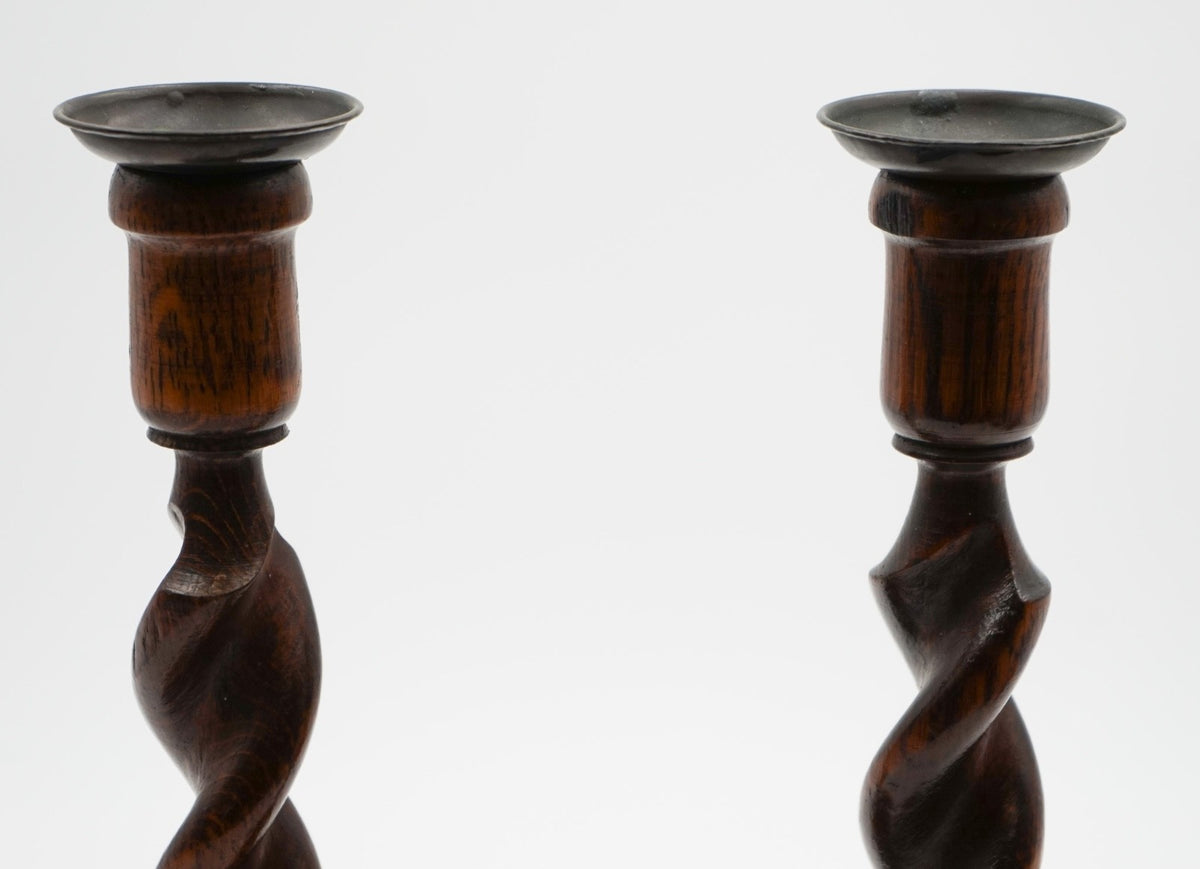EARLY ViCTORIAN PAIR OF ENGLISH OAK BARLEY TWIST CANDLE STICKS (4)