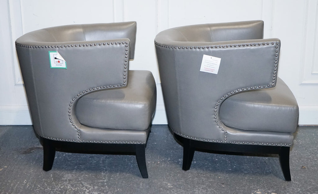 CONTEMPORARY COACH HOUSE GREY LEATHER ROUND BACK ARMCHAIRS WiTH STUDS