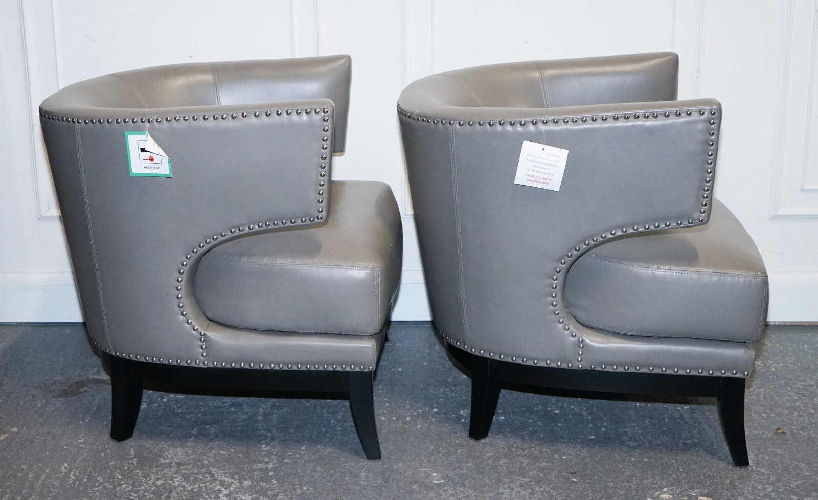 CONTEMPORARY COACH HOUSE GREY LEATHER ROUND BACK ARMCHAIRS WiTH STUDS