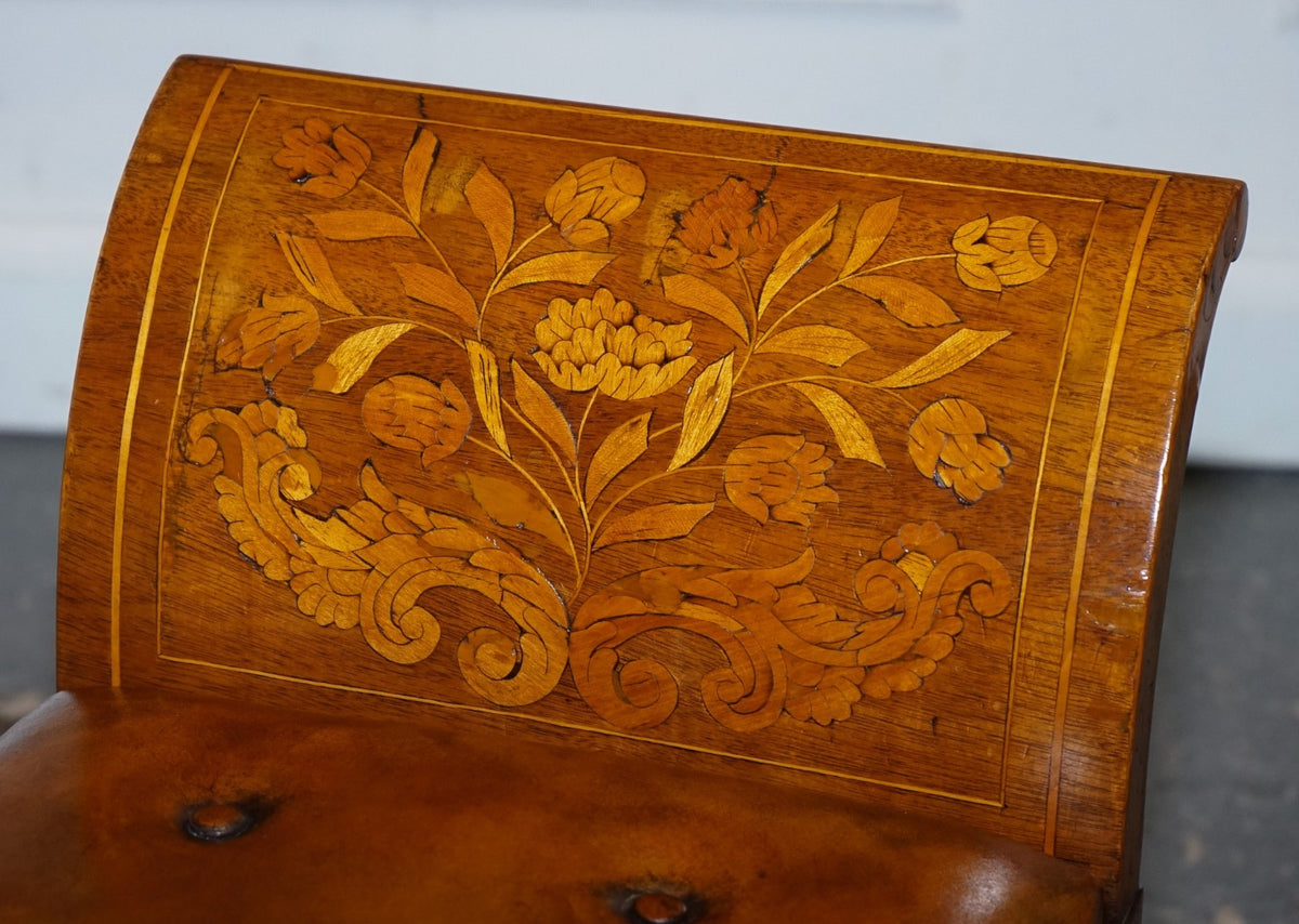 ANTIQUE 1860 DUTCH MARQUETRY WINDOW PIANO STOOL WITH HAND DYED CHESTERFIELD SEAT