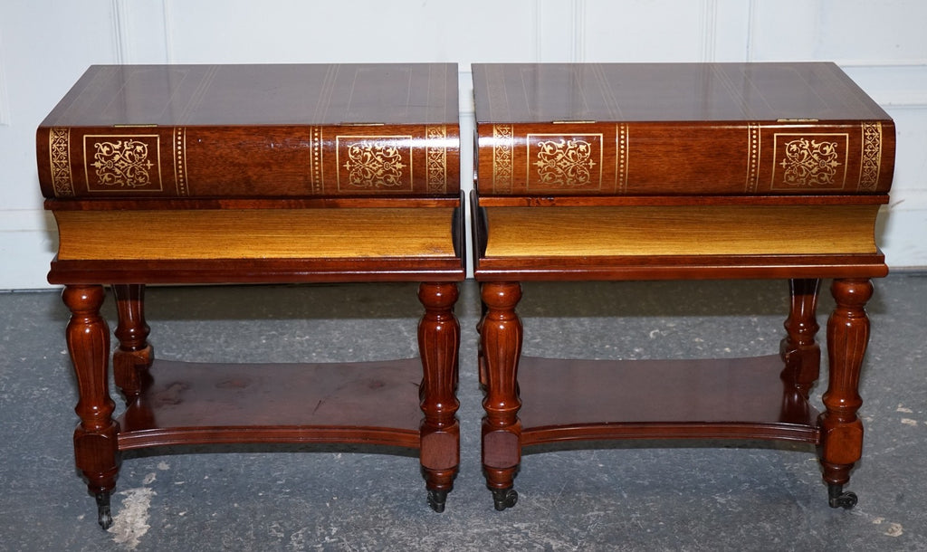 MATCHING PAIR OF WOODEN FAUX BOOKS STACK SIDE END WINE TABLES WITH STORAGE