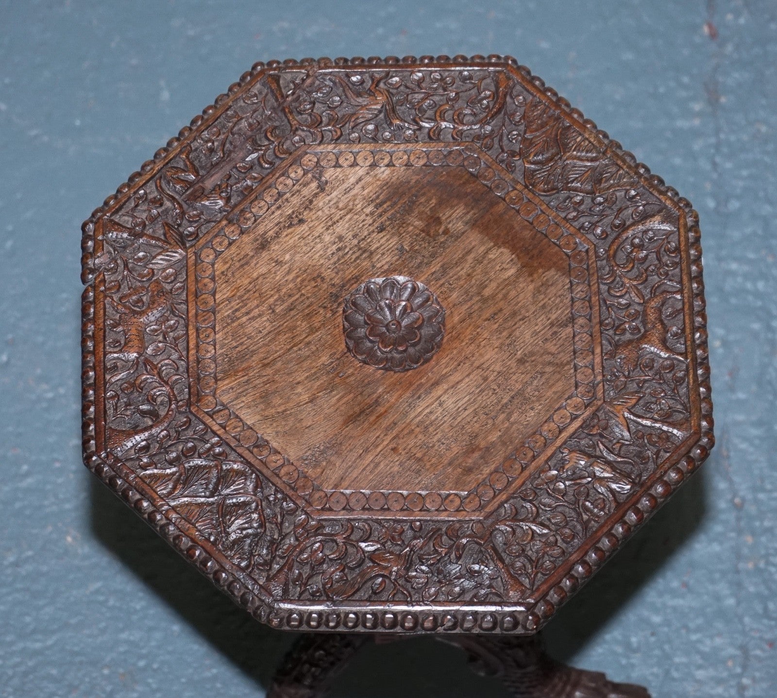 1890s ANGLO INDIAN HAND CARVED OCTAGONAL TABLE CHINESE MYTHICAL DRAGON BASE