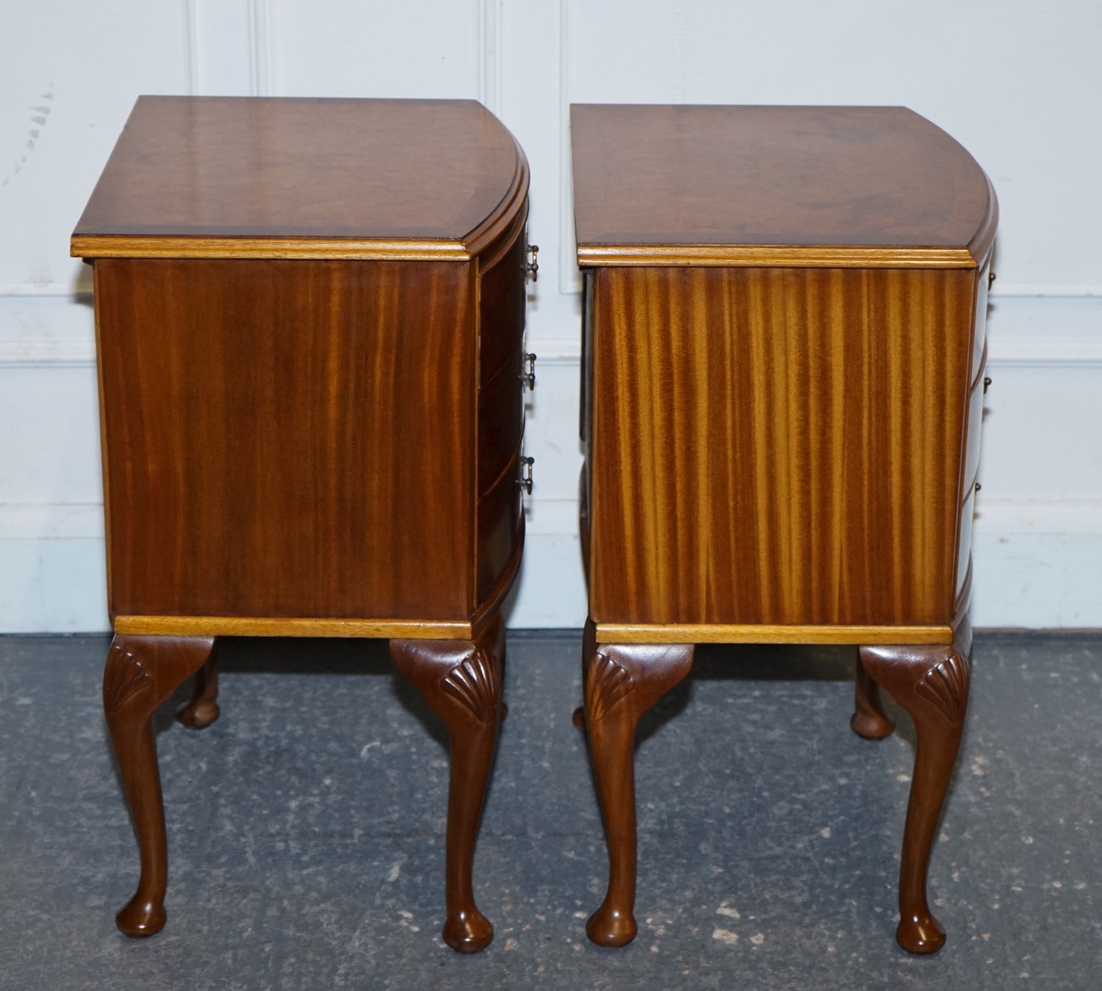 GORGEOUS PAIR OF ART DECO STYLE BURR WALNUT BEDSIDES NIGHTSTANDS TABLES