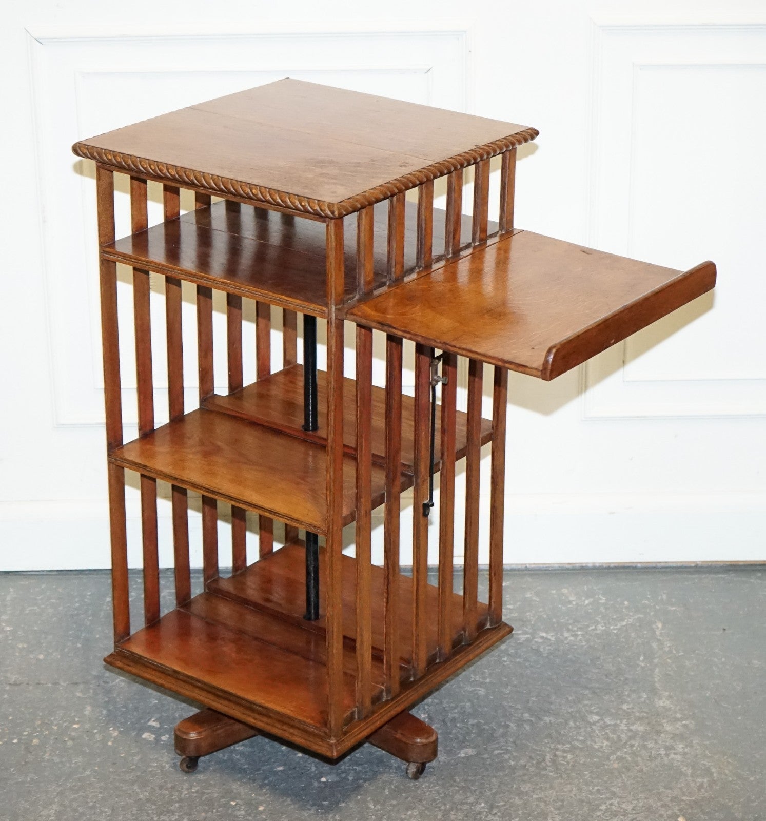 ANTIQUE SUBSTANTIAL OAK REVOLVING BOOKCASE WITH FOLDING READING STAND