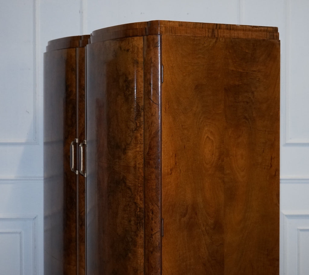 ANTIQUE CIRCA 1930'S ENGLISH BURR WALNUT ART DECO TWO DOOR WARDROBE